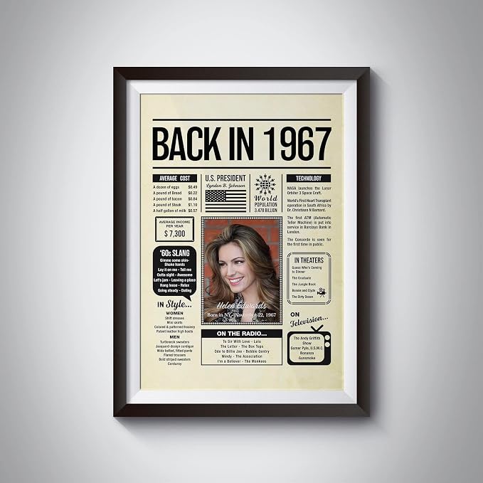 Personalized 58 year old birthday gifts - Back in 1967 Poster - Centerpiece Table Decorations 58th Birthday Party - Custom Born in 1967 Newspaper Vintage Poster for Men, Women