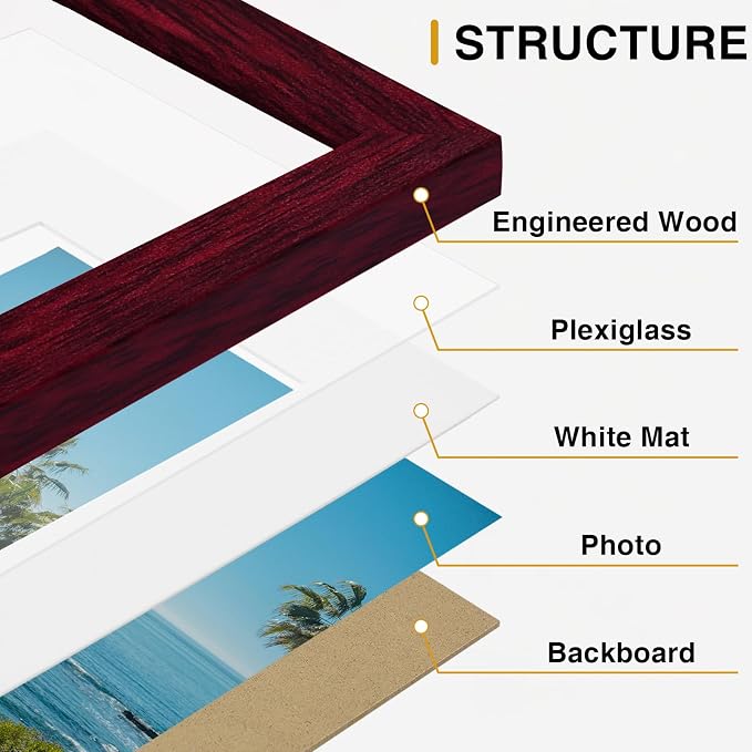 Vittanly 11x14 Picture Frames Set of 9 for Wall Mounting, Cherry Red | Display Pictures 8x10 with Mat or 11x14 without Mat, Engineered Wood with Shatter Resistant Plexiglass, Gallery Photo Frames