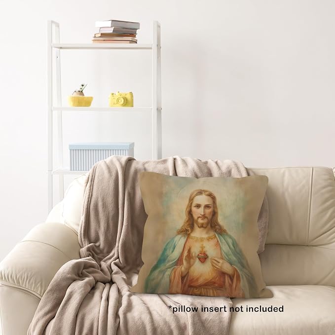 Christian Sacred Heart of Jesus Throw Pillow Covers Gifts 18x18, Vintage Religious Decor Pillow Cases for Bedroom Living Room, Jesus Decorative Square Pillowcases for Couch Bed Sofa