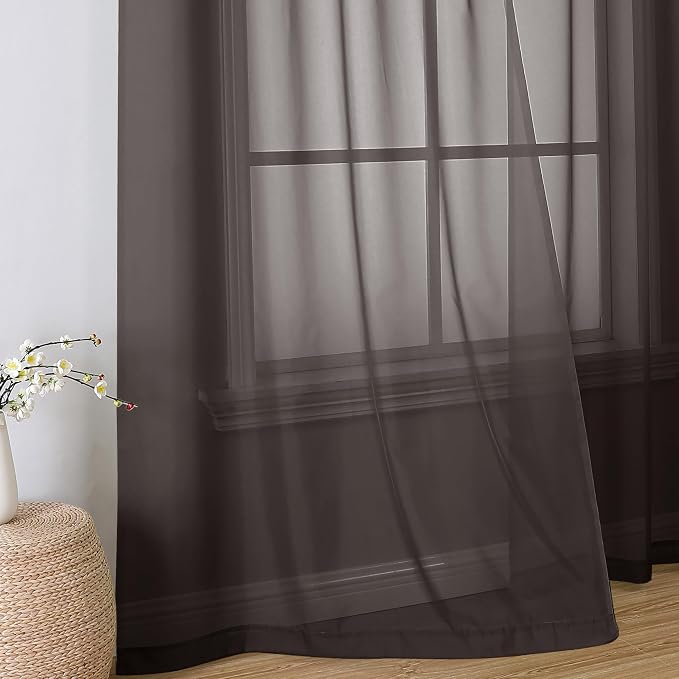 Simplebrand Chocolate Sheer Curtains 96 Inches Long, Light Filtering Rod Pocket Solid Color Window Sheer Curtain Panels, Elegant Curtains & Drapes for Living Room, Bedroom 2 Panels, 42" W x 96" L