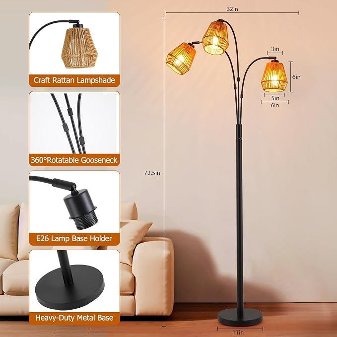 9MMML Vintage Black Arc Floor Lamp with Rotatable Arms & Rattan Lampshade, 3-Light Mode Rotary Switch Adjustable, 72.5'' Tall Standing Lamp for Living Room, Bedroom, E26 Base