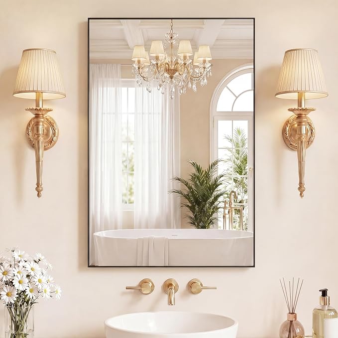 Bathroom Mirrors for Over Sink, 24" x 36" Rectangle Wall Mount Mirror with Metal Frame, Modern Vanity Mirror with Tempered Glass, for Home Decor, Anti-Rust, Black