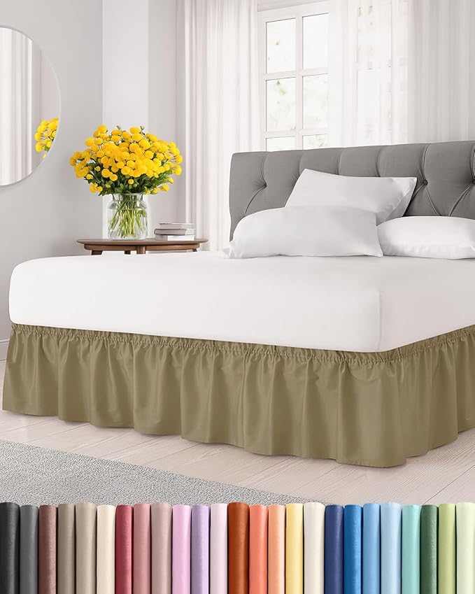 Wrap Around Dust Ruffle Bed Skirt - Khaki - for Full Size Beds w/ 16 Inch Drop - Easy Fit Elastic Strap - Adjustable Pleated Bedskirt w/Brushed Fabric - Wrinkle & Fade Free - Women, Men, Kids & Teens