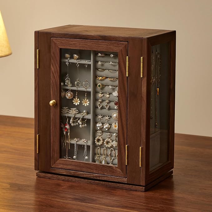360 Rotating Design Wooden Jewelry Box for Women | Large Jewelry Organizer with Velvet Lining, 5 Drawers, Transparent Glass Doors, Black Walnut Wood Grain