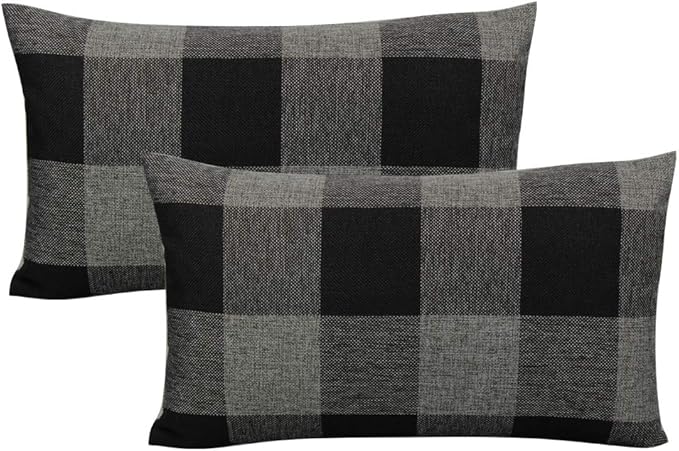 VAKADO 12x20 Inch Pack of 2 Farmhouse Retro Check Plaids Lumbar Throw Pillow Covers Decorative Rectangle Cushion Cases for Sofa Couch Car, Black Grey/Gray