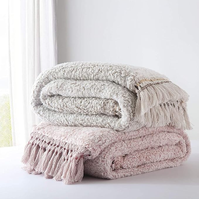 Ultra Soft Fleece Sherpa Blanket King Size,Lightweight Cozy Boho Bed Blanket with Decorative Tassel, Pattern Reversible, 2 Tones Ombre Dusty Pink,104”x90”
