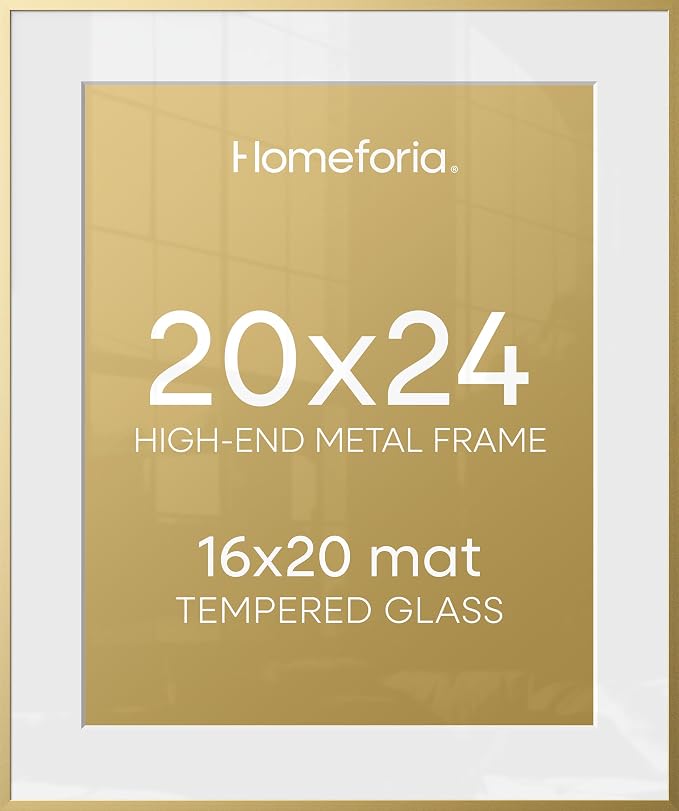 Homeforia 20x24 Gold Picture Frame, High-End Metal, 16x20 Mat, Glass