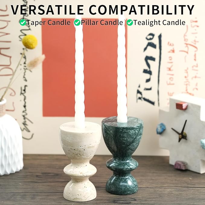 Green Marble Candlestick Holders - Stone Candle Sticks Holder Decor, Decorative Modern Candle Stands Multi-Purpose for Taper/Pillar/Tealight/Scented Candles