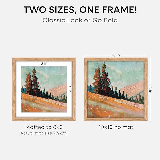 Homeforia 10x10 Natural Oak Picture Frame, High-End Wood, 8x8 Mat, Glass