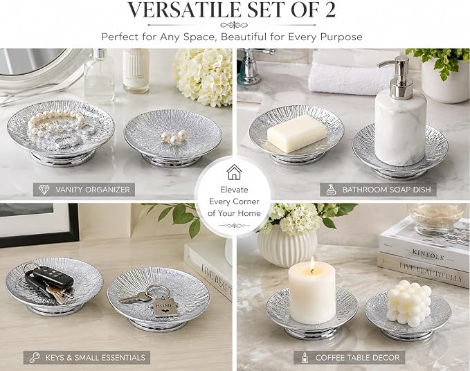 Silver Ceramic Decorative Tray Set of 2, Electroplated Sunburst Jewelry Trays, Pillar Candle Holder Plates, Soap Dishes & Trinket Trays for Bathroom, Vanity, Bedroom & Home Decor