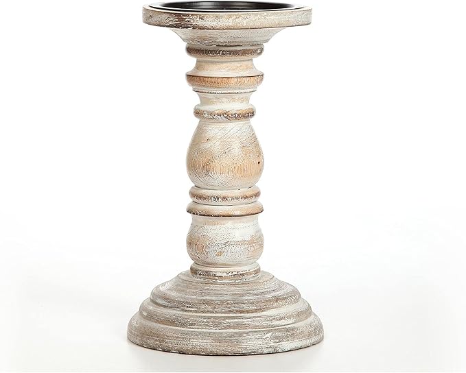 Hosley 8 Inch Distressed White Wooden Pillar Candle Holder - Rustic Farmhouse Pedestal Candlestick Stand for Real & Flameless LED Candles, Vintage Shabby Chic Table Mantel Centerpiece Decor