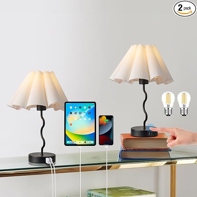 EOEYYOYB Pleated Table Lamp, Set of 2 Table Lamps for Bedroom, Bedside Lamps for Nightstand with Linen Lampshade, Modern Lamp for Bedroom Home Office Decor, Black