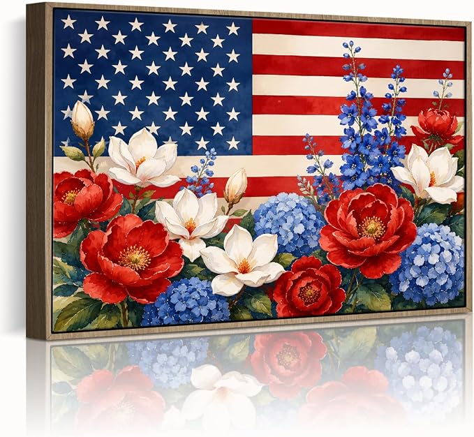 American Flag Framed Canvas Wall Art, 4th of July Floral Canvas Prints | Wildflower Landscape Poster Print, Vintage Rustic Independence Day Wall Decor for Bedroom Living Room Office 8×10in