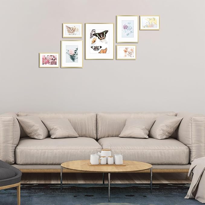 Golden State Art 7 Pack Gold Aluminum Frame with White Mat, Real Glass | Includes One 11x14, Two 8x10, Four 5x7 Frames with Sawtooth Hangers for Wall Mounting. Great for gallery wall