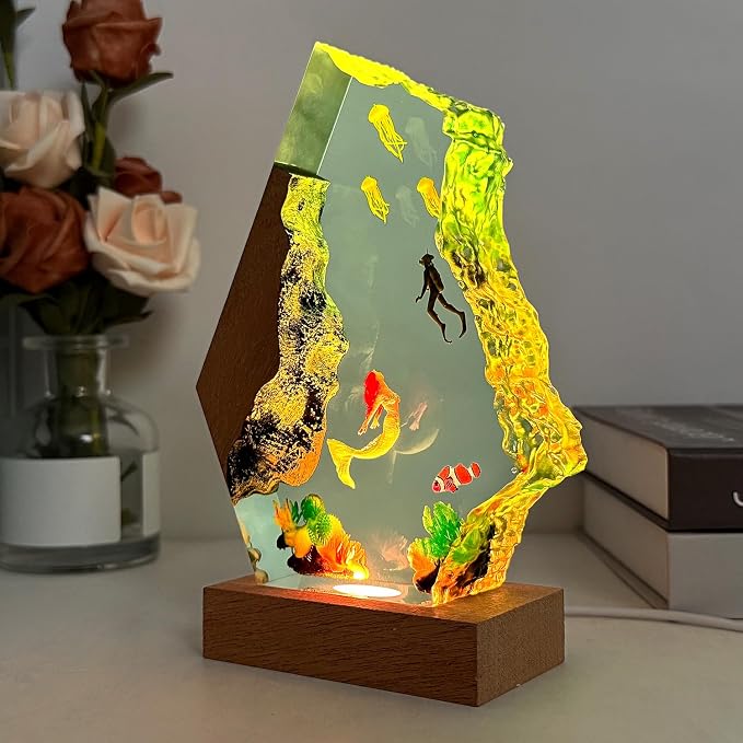 Mermaid Resin Lamp,Handcrafted Ocean Lamp with Wooden Base,RGB Lighting,Resin Art Mermaid Decor for Home Office, Mermaid Gifts for Women,Girls, Unique Birthday Holiday Gifts (L 12"X8")