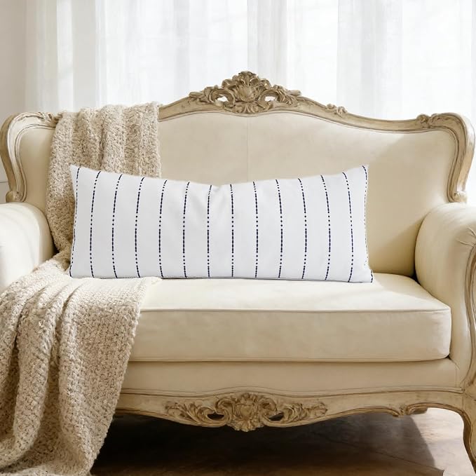 Slow Cow Linen Embroidery Decorative Lumbar Throw Pillow Cover Rectangular Pillowcase Cushion Cover for Bed Couch Sofa 12 x 33 Inches Navy Blue