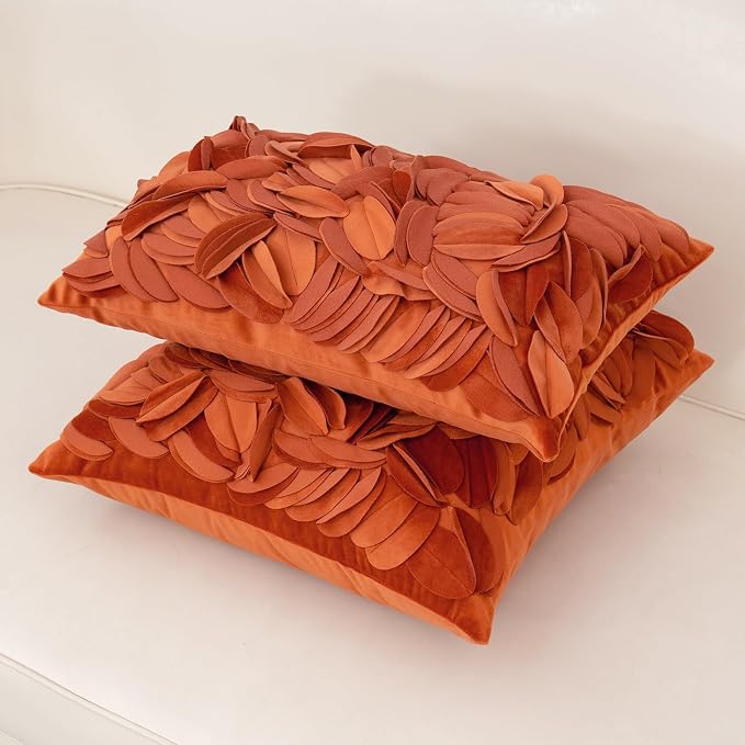 Alerfa 3D Leaves Handmade Throw Pillow Cover Decorative Floral Velvet Pillowcase Cushion Cover for Couch Bed Living Room Home Decor 12x20 Inche, Orange