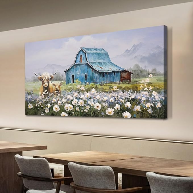 Anolyfi Farmhouse Highland Cow Canvas Wall Art for Living Room 58"x29" | HD Print, Waterproof Canvas, Easy to Hang, Durable and Colorfast, Country Barn Wall Decor for Bedroom Office Hallway Home