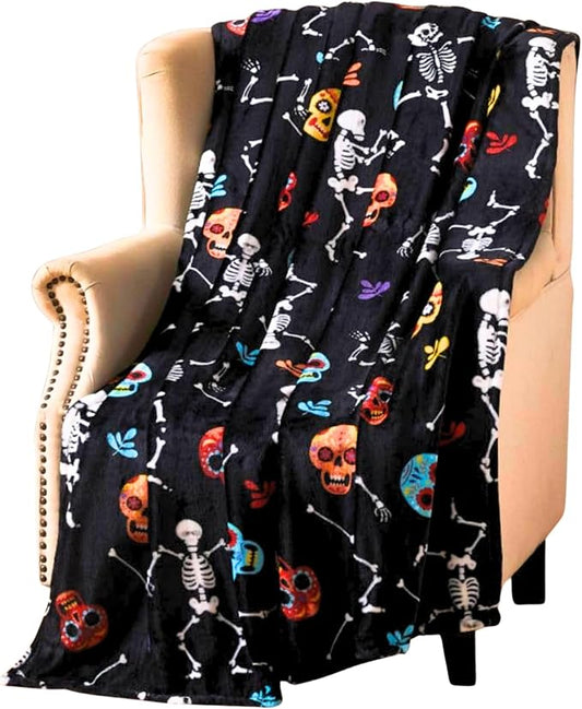 Halloween Fleece Throw Blanket, Dancing Skeletons & Sugar Skulls, 50x70 in | Ultra-soft cozy flannel fleece, for sofa couch bed chair & dorms, spooky Halloween décor, durable and machine washable.