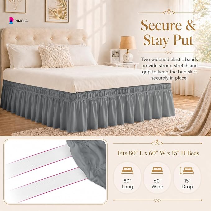 Grey Bed Skirt Queen Size 15 Inch Drop, Elastic Wrap Around Bedskirt | Solid Ruffled, Easy to Use, No Mattress Lifting, Wrinkle & Fade Resistant, with Adhesive Strips, Machine Wash/Dry/Iron