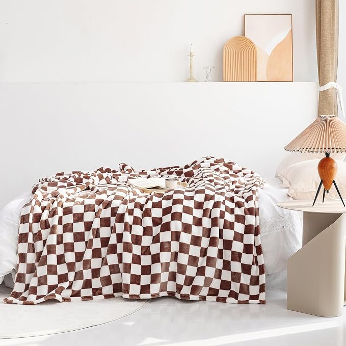 LOMAO Throw Blankets Flannel Blanket with Checkerboard Grid Pattern Soft Throw Blanket for Couch, Bed, Sofa Luxurious Warm and Cozy for All Seasons (Coffee, 60"x80")