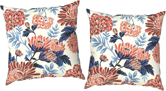 Outdoor Throw Pillow Covers 18x18 Inch, Decorative Pillow Covers for Patio Furniture, Red Chrysanthemum Modern Cushion Cases for Garden Couch Home Sofa, Pack of 2