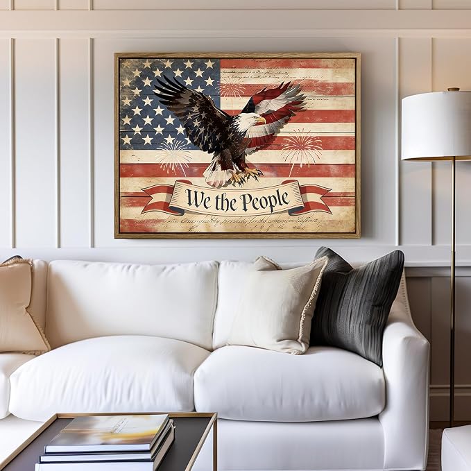 American Flag Framed Canvas Wall Art, 4th of July Patriotic Canvas Prints | USA Flag with Bald Eagle Poster Print, Vintage Independence Day Wall Decor for Bedroom Living Room 16×20in