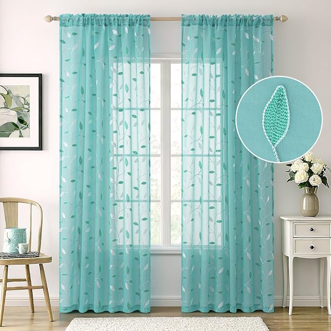 MIULEE Turquoise Sheer Curtains 2 Panels Leaf Patterned, W52 x L84 | Embroidered Floral Semi Sheer,Rod Pocket,Faux Linen,Short Window Curtains Drapes Set for Kitchen/Bathroom/Cafe