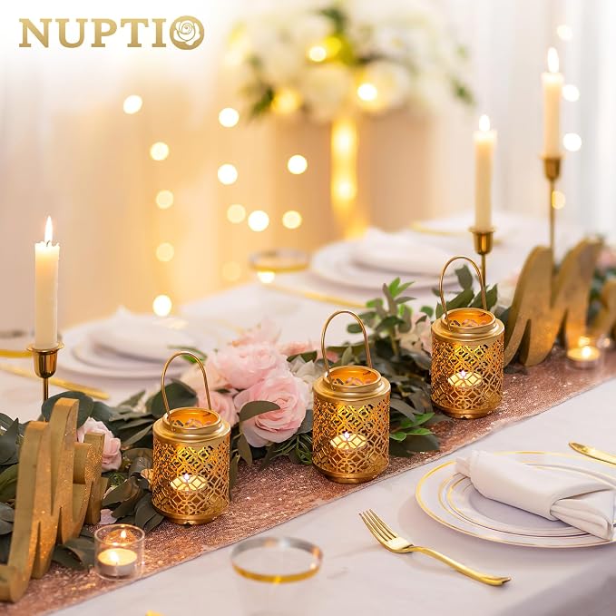 NUPTIO Decorative Candle Lanterns Gold, 2 Pcs Tea Light Candles Holders