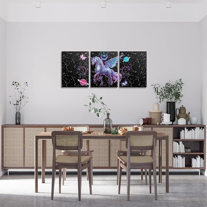 Feelyou Galaxy Unicorn 3 Piece Canvas Wall Art for Living Room Bedroom Solar System Wall Art for Home Decor Moon Star Office Wall Decor Space Outer Sky Wall Painting