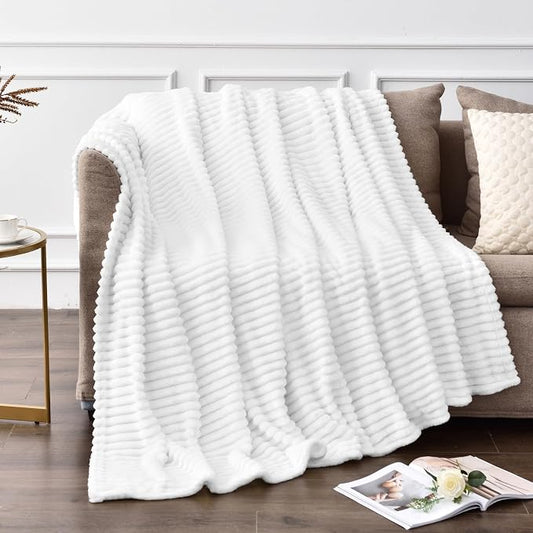 BEDELITE 3D Ribbed Jacquard White Fleece Twin Blanket for Bed, 60x80 Inch | Soft Warm Decorative Fluffy Blanket, Cozy Plush Lightweight Fuzzy Throw Blanket for Couch Sofa Room Decor, Gift for Women