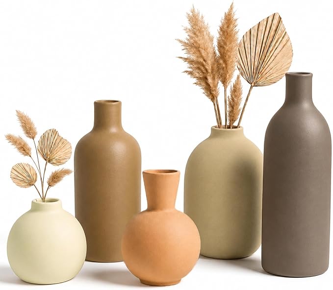 Neutral Ceramic Vase Set – 5 Matte Earth-Tone Vases for Japandi, Scandinavian, or Minimalist Home Decor, Table, Entryway, Shelf & Mantel Styling