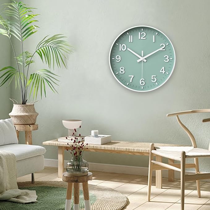 HZDHCLH 12 Inch Silent Wall Clock Battery Operated Non Ticking Mint Green | 12 inch Wall Clock Silent Non Ticking Modern 3D Numbers for Kitchen Bedroom Living Room Office Classroom Decor