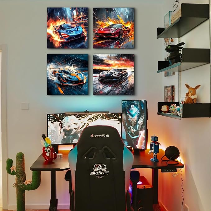 Colorful Lamborghini Wall Art Abstract Car Posters for Boys Bedroom Cyberpunk Decor Cool Racing Car Pictures Teens Men Room Graffiti Sport Themed Cars Painting Artwork Office Home Decoration 12x12" 4P