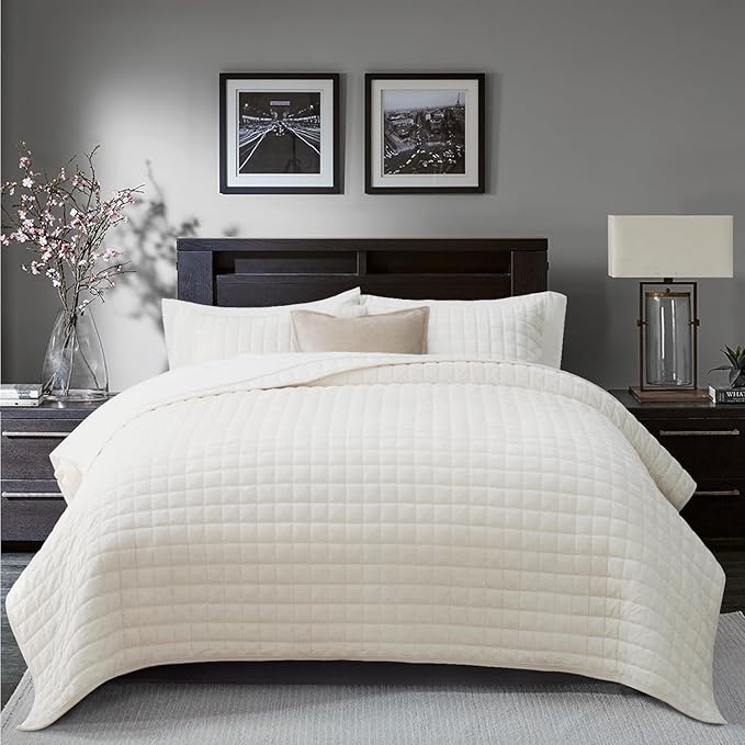 RECYCO Channel Box Stitch Velvet Quilt Set, King Size, Cream White | Ultra Soft Lightweight Velvet Comforter, Luxury Oversized Bedspread Coverlet, Quilted Bedding Set for All Season with 2 Shams