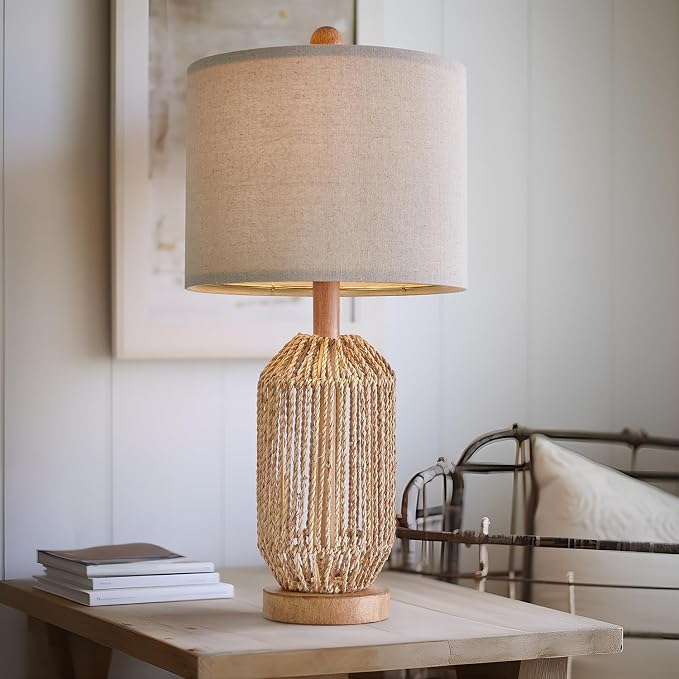 OYEARS 21" Boho Table Lamps Set of 2 for Living Room, Bedside Lamps for Nightstand, Rattan Lamp for Bedroom, Farmhouse Table Lamps for Boho Decor, End Table, Retro, Brown