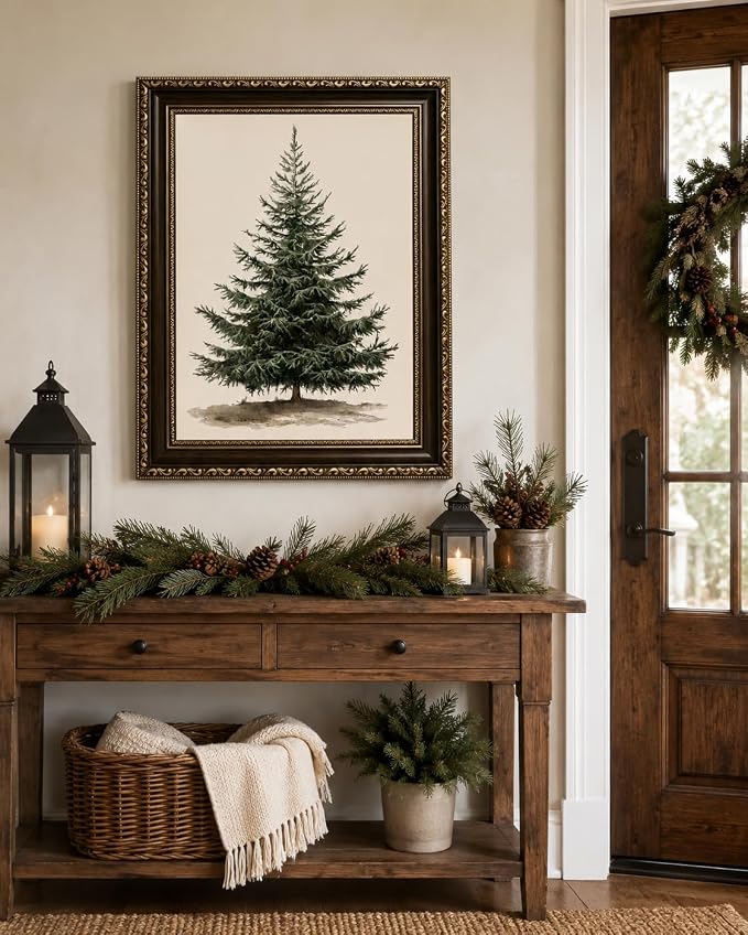 Framed-Vintage Christmas Tree Wall Art, 16×24 Inch | Farmhouse Winter Pine Canvas Prints, Holiday Wall Decor for Living Room Bedroom