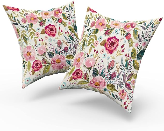 Spring Summer Flower Throw Pillow Covers 24x24 Inch Watercolor Peony Pillowcase Hot Pink Floral with Green Leaves Girly Decorative Square Cotton Cushion Cover Set of 2 for Home Garden Outdoor Bed