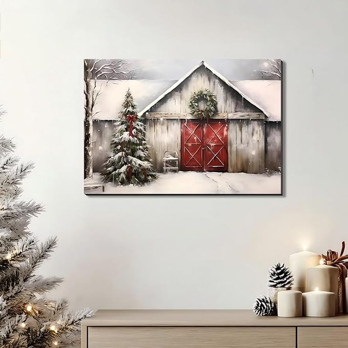 Vintage Christmas Barn Wall Art 8x12inch, Retro Winter Snow Landscape Holiday Xmas Artwork Poster Framed Christmas Tree Wall Decor for Home Farmhouse Bedroom Gallery Decorations