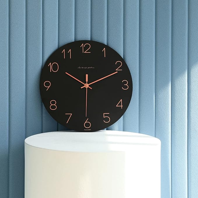 mooas Flatwood Wall Clock (Black),12" Non-Ticking Sweep Movement | Decorative Modern Battery Operated Decorative Wall Clock for Home Living Room Kitchen Bedroom Office School Cafe Hotel