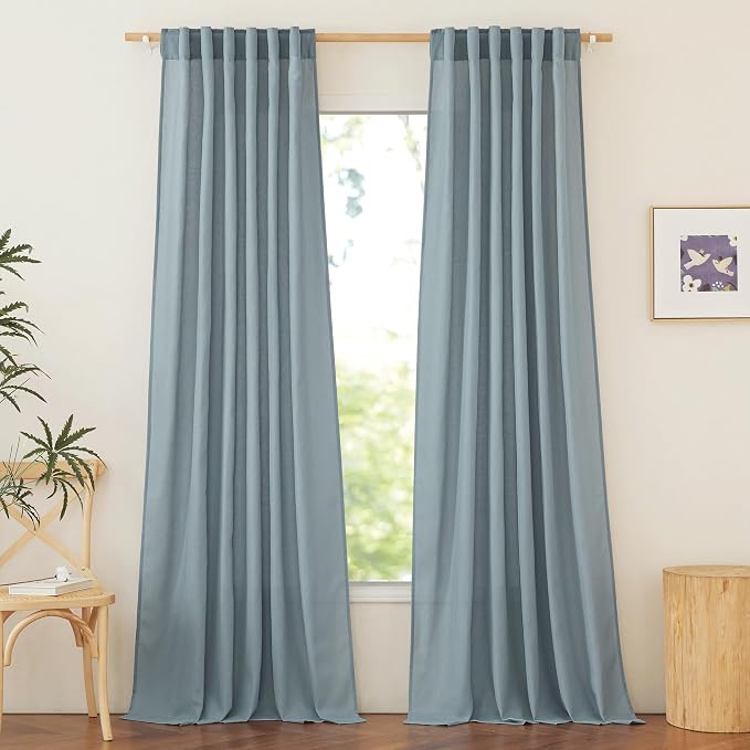 NICETOWN Rod Pocket & Back Tab Thick Flax Semi Sheer Linen Curtains, Privacy with Light Filtering Panels for Home Decor, Stone Blue, W55 x L95, 2 Panels