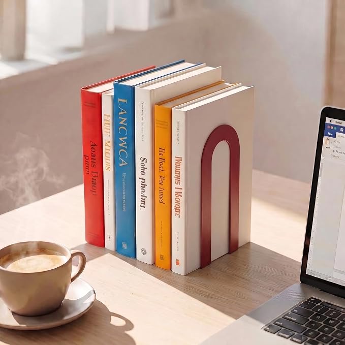 Sanwarm Bookends, 12 Pcs, Metal, for Home Office Desk Shelves Red Modern | Decorative Book Ends Non-Skid Book Stoppers Holder 6 Pair Gifts for Reading Enthusiasts Library Decor