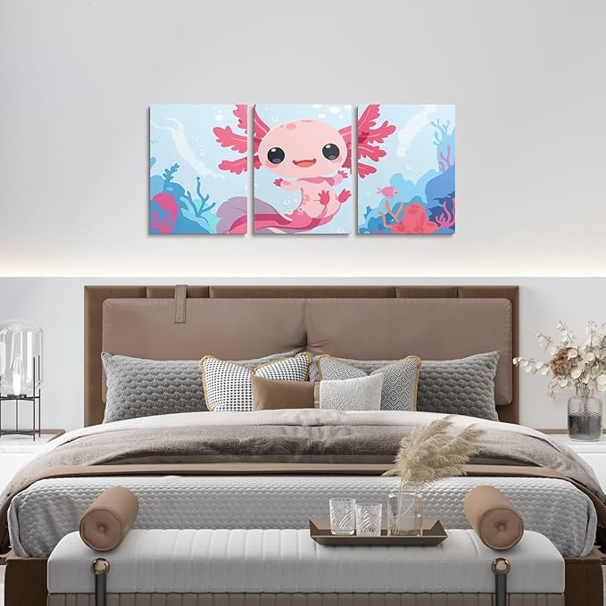 Feelyou Boys Girls Cute Axolotl Picture Wall Decor Ocean Sealife Canvas Wall Art for Bedroom Kids Cartoon Salamander Wall Painting Posters and Prints Kawaii Teens Wall Art Room Decor 12"x16"x 3Pcs