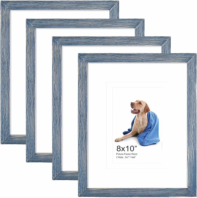 8x10 Picture Frame,Solid Wood,Display Pictures 4x6,5x7 with Mat or 8x10 Without Mat,Photo Frame for Wall Mounting or Tabletop (Blue,Set of 4)
