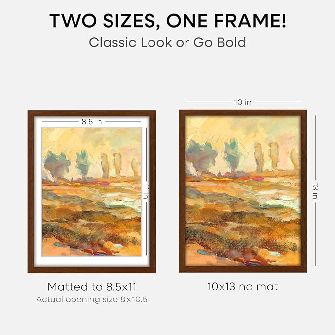 Homeforia 10x13 Brown Oak Picture Frame, High-End Wood, 8.5x11 Mat, Glass