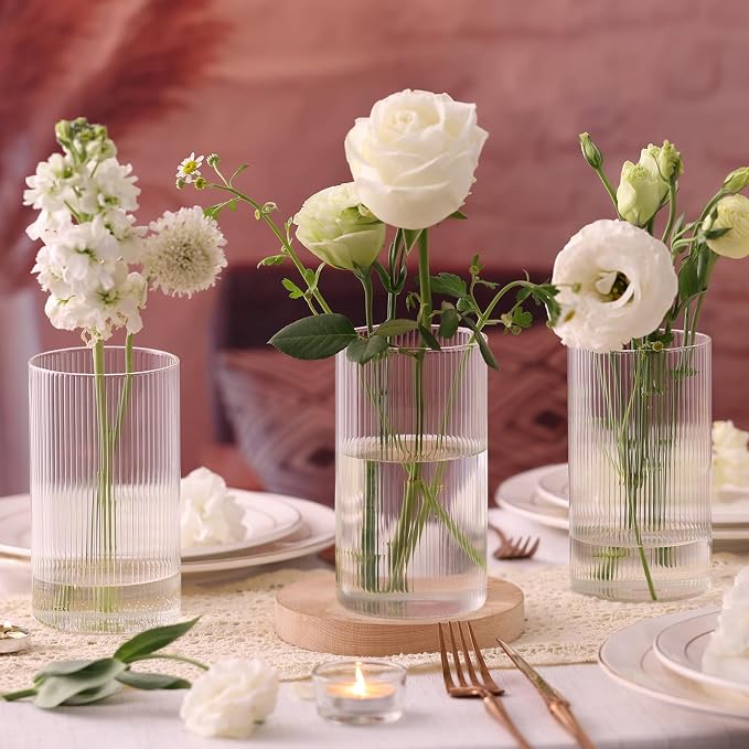 6 Inch Clear Glass Ribbed Cylinder Vases for Centerpieces, Pack of 6 | Flower Vases for Wedding & Home Decor, Hurricane Floating Candle Holders for Table & Shelf & Party