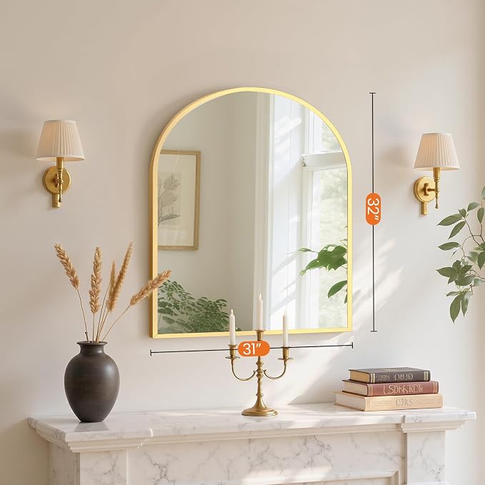 Sweetcrispy 31x32 Bathroom Mirrors for Wall, Arched Mirror for Over Sink | Metal Framed HD Shatter-Proof Glass, Decor Wall Mirror for Entryway, Living Room Bedroom, Gold