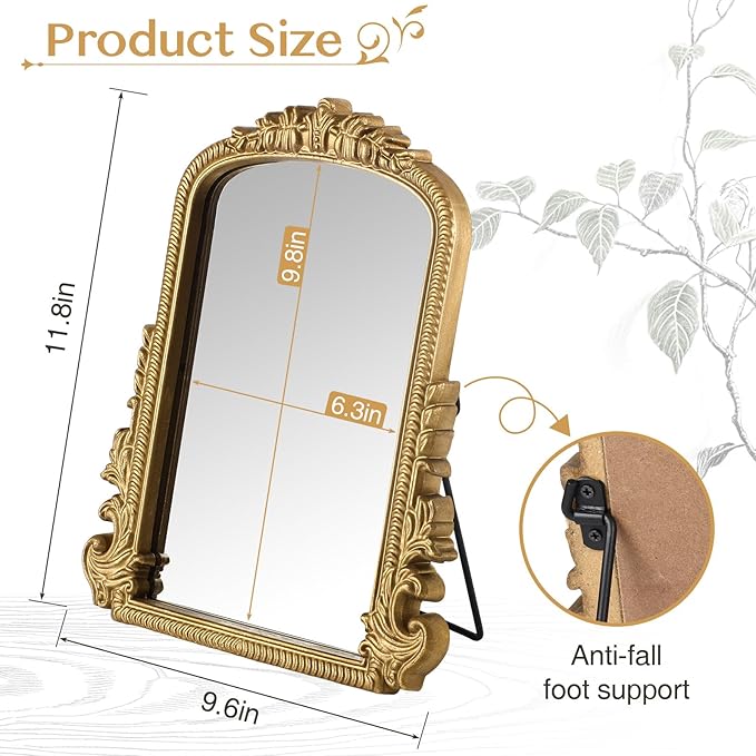 Vintage Vanity Mirror with Stand – 11.8"x9.6" Gold Tabletop Makeup Mirror, Arched Decorative Mirror with Carved Engineered Wood Frame for Bedroom, Dresser, Bathroom or Desk