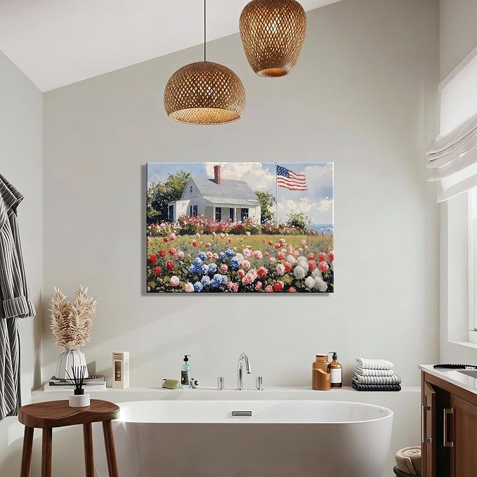 RIBNTAK Patriotic American Flag & Floral Farmhouse Canvas Wall Art, 4th of July Coastal Cottage Pictures, Wildflower Landscape, Independence Day Wall Decor for Living Room, Kitchen, Made USA