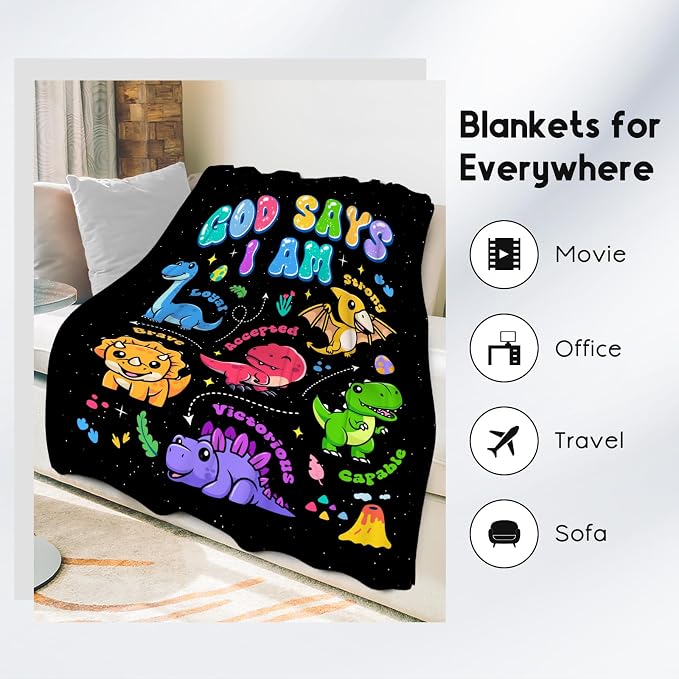 God Says I Am Dinosaur Blanket for Boys, Inspirational Kids Throw Blanket, Soft Plush, 50"x60"